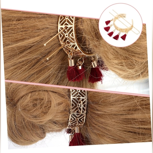 2pc Set Floral Hollow Boho Tassle Double Bun Holder - Picture 12 of 12